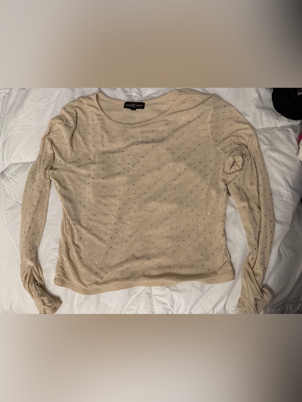 Almost Famous Cream Mesh Short Sleeve Top with Rhinestones